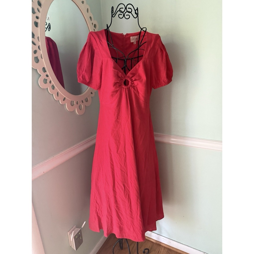If By Sea Red Midi Dress Women's Peep‎ Hole Short Sleeve Lined Feminine M Tea